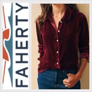NWT Faherty Genevieve Stretch Silk Velvet Button Down Shirt in Maroon Banner
